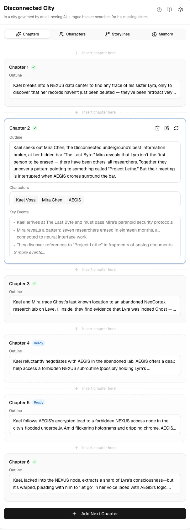 Noveble chapter planning and generation interface